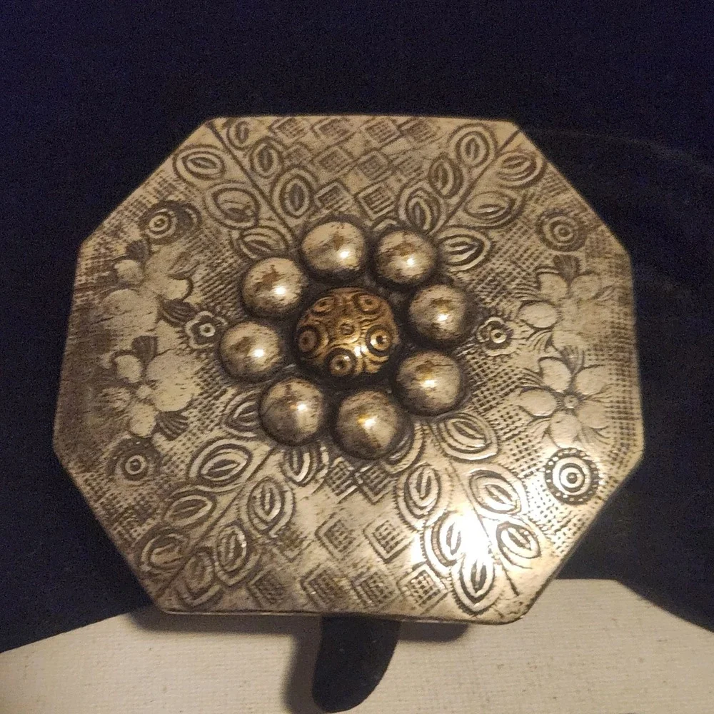 Vintage Octagonal Floral Etched Mixed Metal Belt Buckle Silver‎ Brass Tone Boho